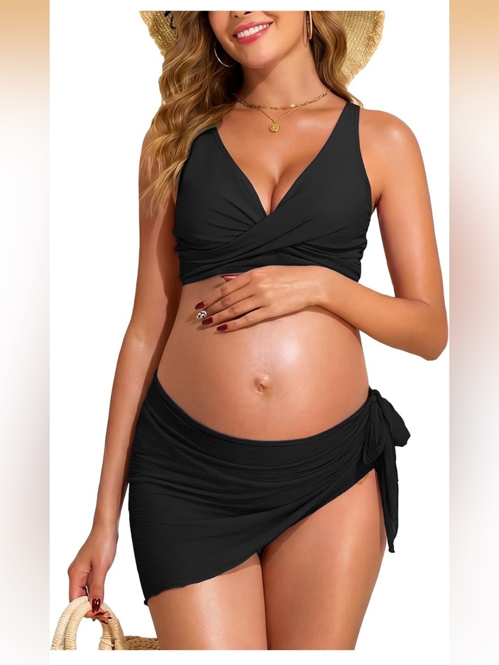 Maternity 3 Piece Swimsuits Low Rise Criss Cross V Neck Self Tie Sarong 16.